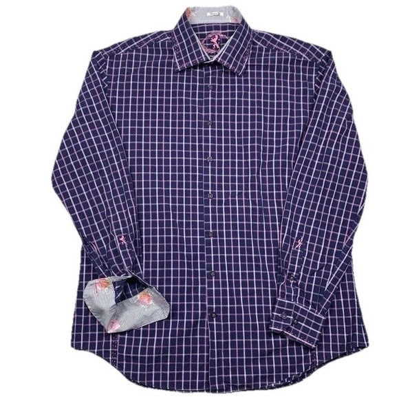 Bugatchi Shirt Shaped Fit Mens XL Blue Purple Check Button Up Long Sleeve - Picture 2 of 12